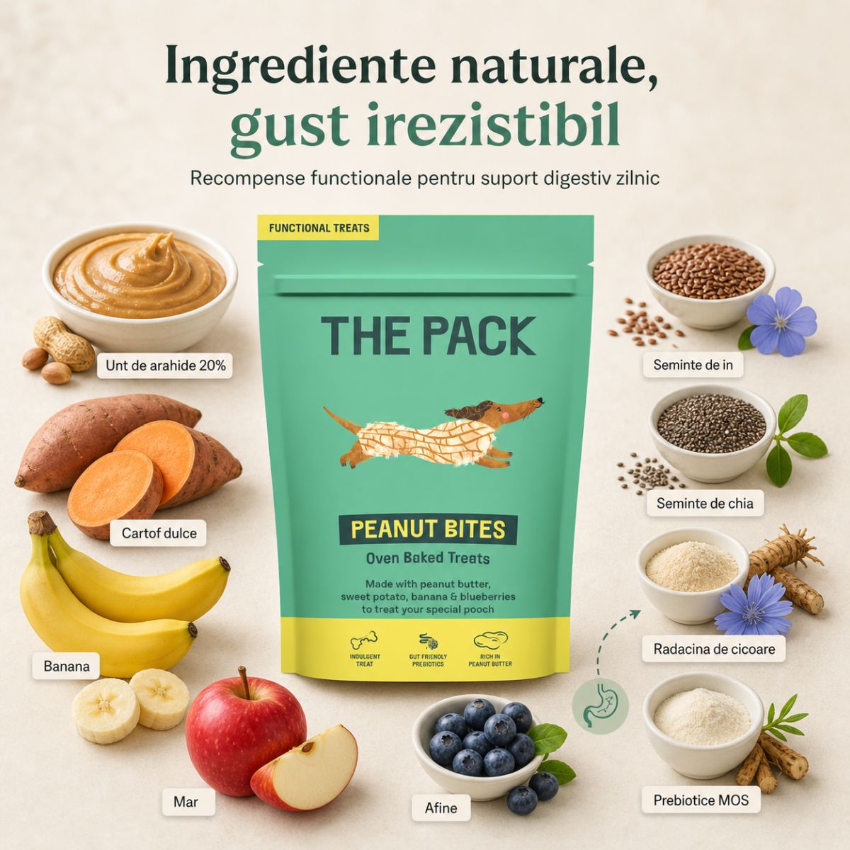 THE PACK Peanut Bites, XS-XL, Unt de Arahide, punguță recompense câini, 100g - imagine 5